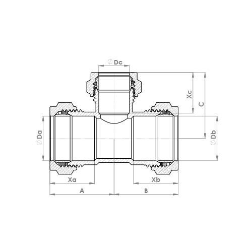 The technical schematic of the Flowflex Compression Reduced Branch Tee, product code: P702