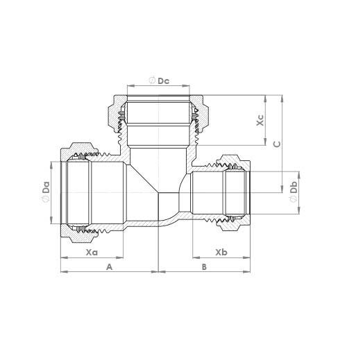 The technical schematic of the Flowflex Compression Reduced End Tee, product code: P703