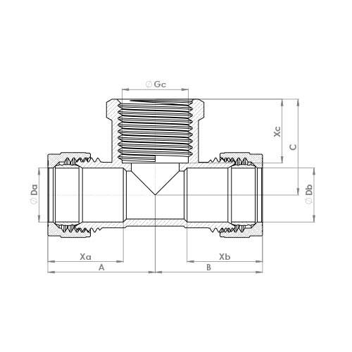 The technical schematic of the Flowflex Compression Female Branch Tee, product code: P717