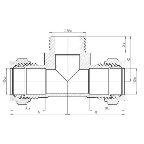 The technical schematic of the Flowflex Compression Male Branch Tee, product code: P727