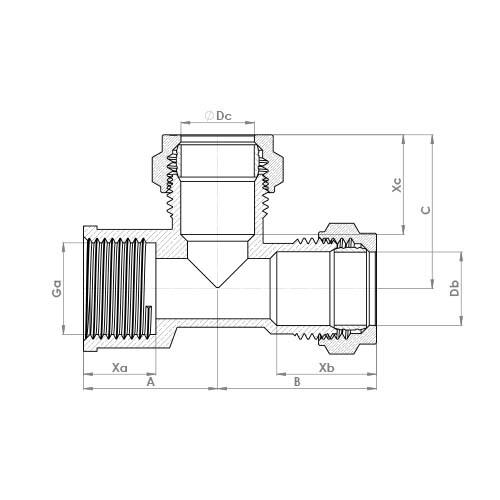 The technical schematic of the Flowflex Compression Female End Tee, product code: P737