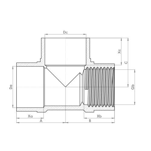 The technical schematic of the Flowflex Compression End Feed Female End Tee, product code: P737EF