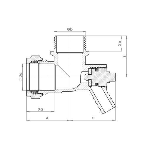 The technical schematic of the Flowflex Compression Drain off Male Elbow, product code: P802DO