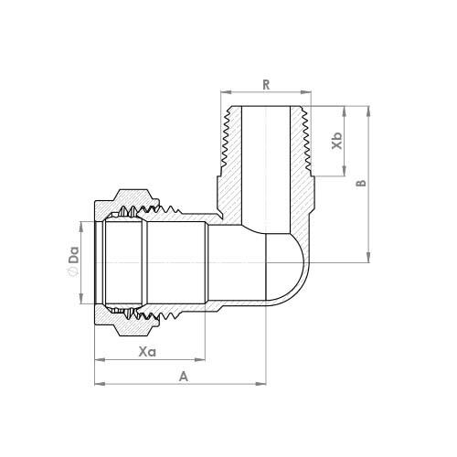 The technical schematic of the Flowflex Chrome Plated Compression Male Taper Elbow, product code: P802TCP