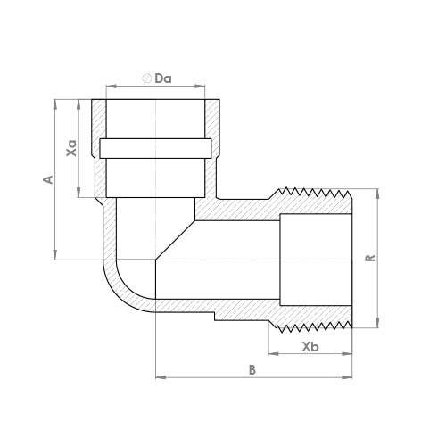 The technical schematic of the Flowflex Compression Solder Ring Male Elbow, product code: P802TDRSR