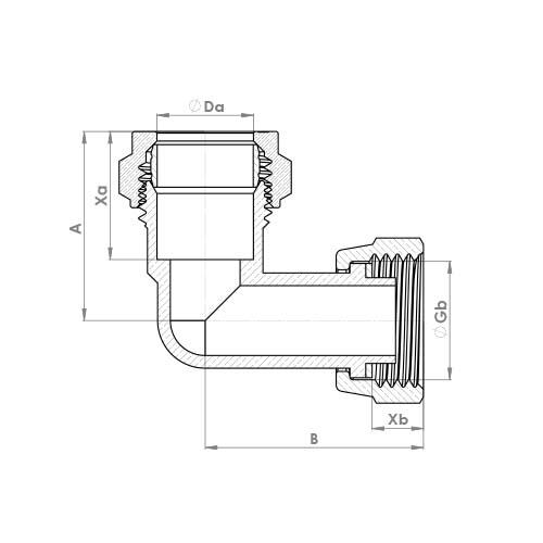 The technical schematic of the Flowflex Compression Bent Tap Swivel Elbow, product code: P803SF