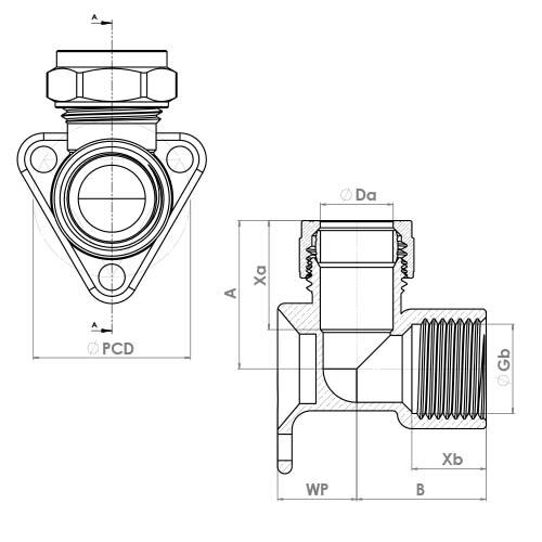 The technical schematic of the Flowflex Compression Wallplate Elbow, product code: P803WP