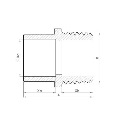 The technical schematic of the Flowflex End Feed Male Adaptor, product code: 4243G