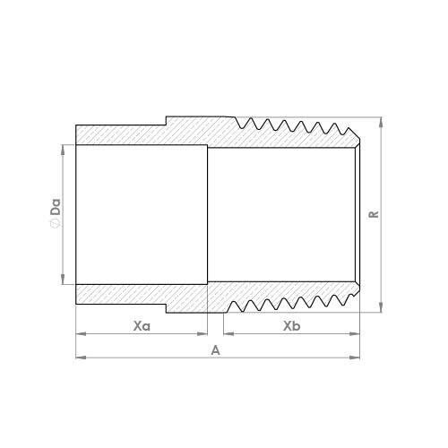 The technical schematic of the Flowflex End Feed Male Straight Tapered Adaptor, product code: B020