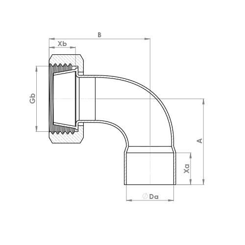 The technical schematic of the Flowflex End Feed Bent Cylinder Union, product code: C805SCEF