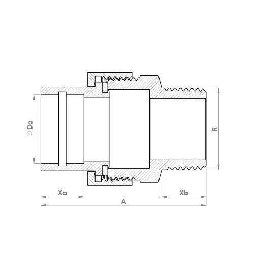 The technical schematic of the Flowflex Solder Ring Male Union Adaptor, product code: SRMUC