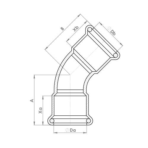 The technical schematic of the Flowflex Copper Press 45 Deg Equal Elbow, product code: 6041M