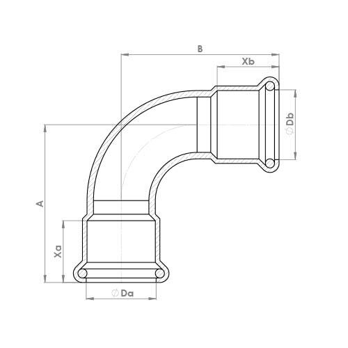 The technical schematic of the Flowflex Copper Press Equal Elbow, product code: 6090M