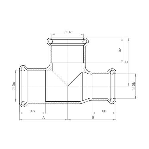 The technical schematic of the Flowflex Copper Press Reduced Tee, product code: 6130RM