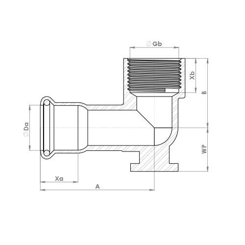 The technical schematic of the Flowflex Copper Press Wallplate Elbow, product code: 6472GM