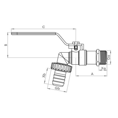 The technical schematic of the Flowflex Hose Union Ball Type Bib Tap, product code: L480