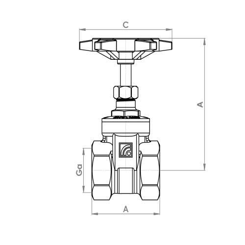 The technical schematic of the Flowflex Female Brass Gate Valve, product code: L198