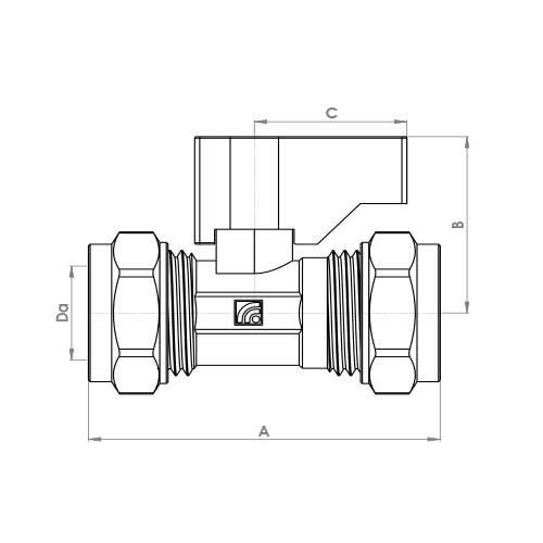 The technical schematic of the Flowflex Black Handle Compression Isolation Valve, product code: P472CPBH