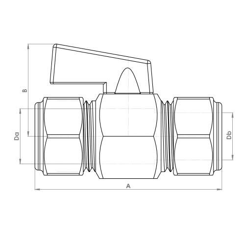 The technical schematic of the Flowflex Black Handle Mini Ball Compression Valve DZR, product code: FCP4372CP