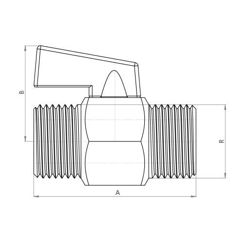 The technical schematic of the Flowflex Black Handle Mini Ball Male x Male Valve, product code: FTH4402CP