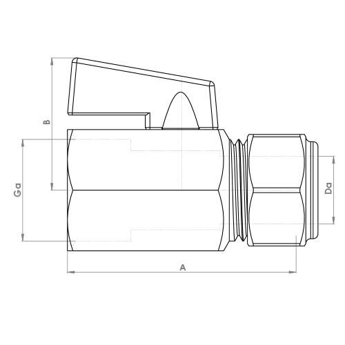 The technical schematic of the Flowflex Black Handle Mini Ball Compression x Female Valve, product code: FCP4412CP