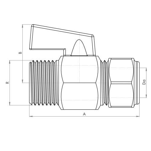 The technical schematic of the Flowflex Black Handle Mini Ball Compression x Male Valve, product code: FCP4422CP