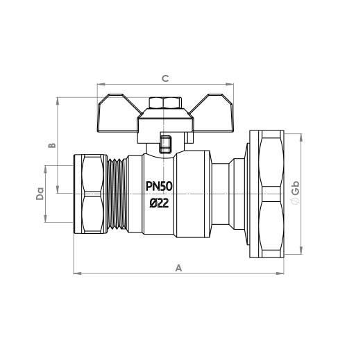 The technical schematic of the Flowflex Compression Ball Type Pump Valve With Black Handle, product code: MPF